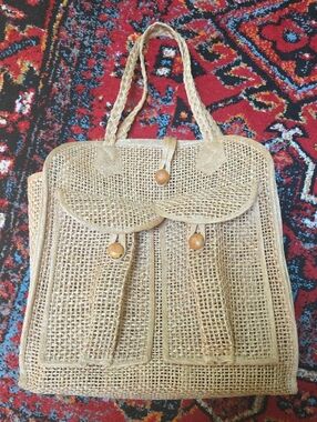 Vintage Natural Woven Rattan Straw Tote Bag with Wooden Base & Front Pocket